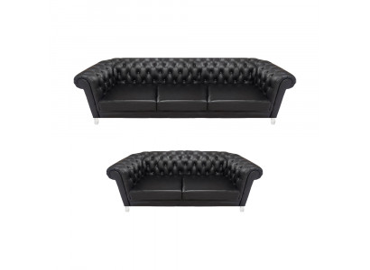 Schwarze Chesterfield Kunstleder Sofas Moderne Wohnzimmer Garnitur 2tlg