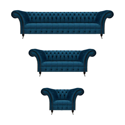 Luxuriöse Chesterfield Blaue Polstergarnitur Designer Textilsofas Sessel