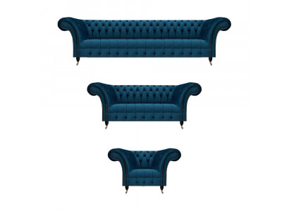 Luxuriöse Chesterfield Blaue Polstergarnitur Designer Textilsofas Sessel