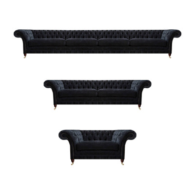 Chesterfield Schwarze Textilgarnitur Viersitzer Couch Zweisitzer Sessel