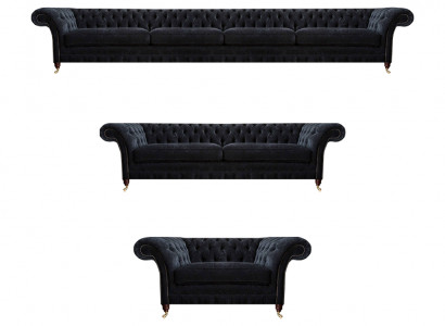 Chesterfield Schwarze Textilgarnitur Viersitzer Couch Zweisitzer Sessel
