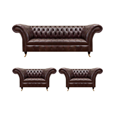 Luxus Braune Chesterfield Ledermöbel Designer Dreisitzer 2x Sessel 3tlg
