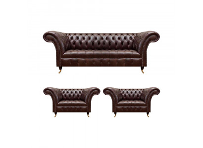 Luxus Braune Chesterfield Ledermöbel Designer Dreisitzer 2x Sessel 3tlg