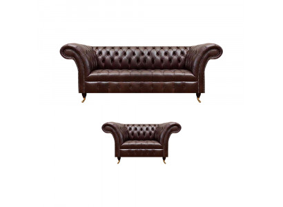Luxuriöses Braunes Chesterfield Lederset Designer 3-Sitzer Sessel 2tlg