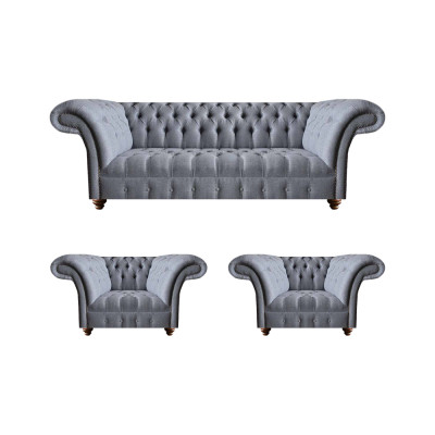 Chesterfield Hellgraue Sofagarnitur Edler Polster Dreisitzer 2x Sessel