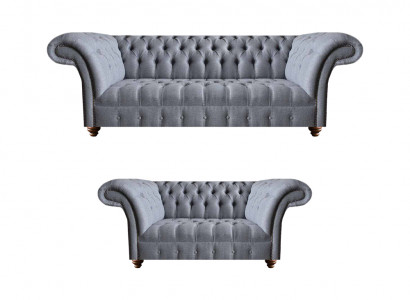 Hellgraue Chesterfield Polstercouchen Designer 3-Sitzer Zweisitzer 2tlg