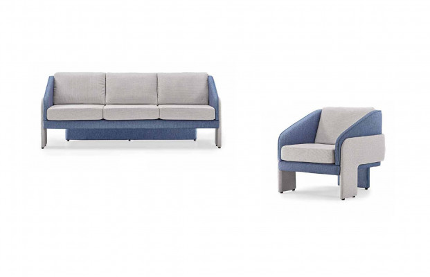 Grau-Blaue Wohnzimmer Designer Sitzmöbel 3-Sitzer Lehnsessel 2tlg Set