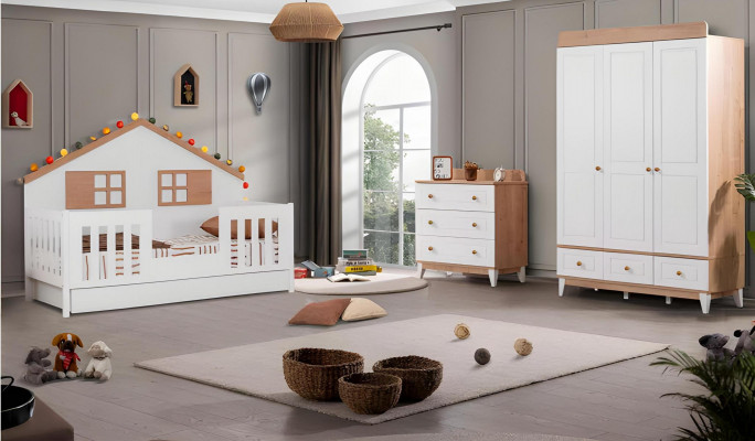 Modern Komplettes Weiß Kinderzimmer Set Designer Bett Schrank Kommode neu