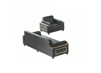 Arbeitszimmer 3-Sitzer Sofa mit Sessel Schwarz Einfarbig Stil Wohznimmer