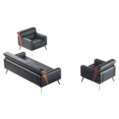 Arbeitszimmer Set 3tlg 3-Sitzer 2x Sessel Schwarz Einfarbig Modern Stil