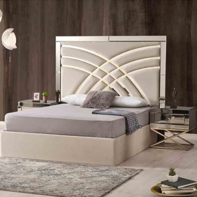 Beige Schlafzimmer Möbel Textilbett Luxuriöse Holz 2x Nachttische 3tlg