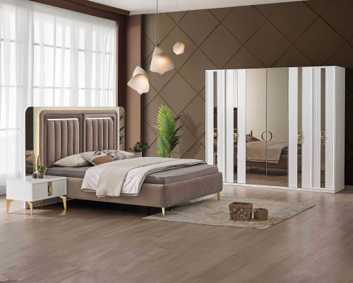 Braun-Weißes Schlafzimmer Set Designer Doppelbett 2x Nachtschränke 3tlg
