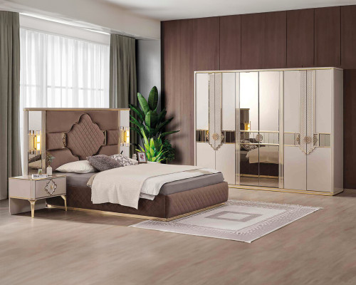 Braun-Beiges Schlafzimmer Set Kleiderschrank Polsterbett Nachttische