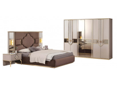 Braun-Beiges Schlafzimmer Set Kleiderschrank Polsterbett Nachttische