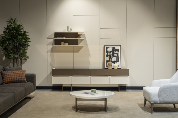 Beige-Braune Wohnzimmer Garnitur Holz Möbel Edles Sideboard Wandregal