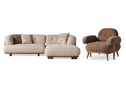 Schicke Beige-Braune Sofagarnitur Stilvolles Ecksofa Textilsessel 2tlg