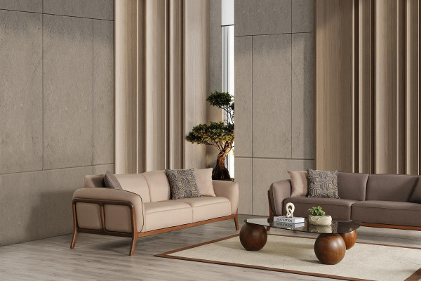 Stilvolle Beige Dreisitzer Garnitur Wohnzimmer Polstercouchen Sitzmöbel