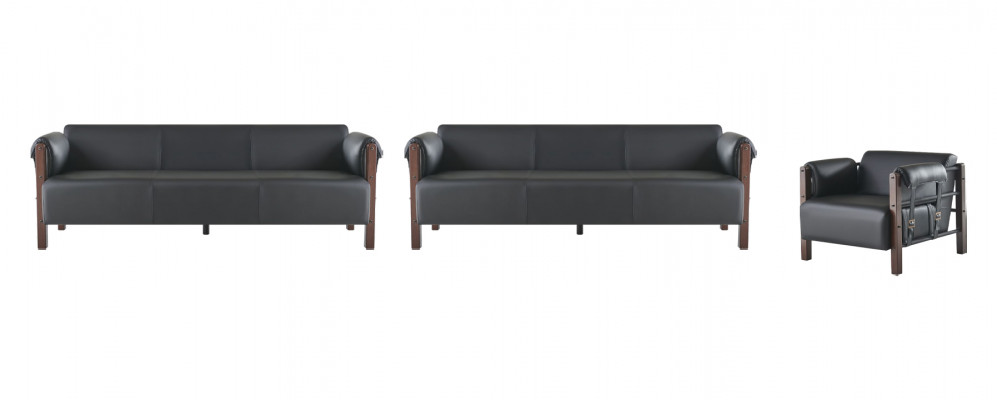 Sofagarnituren Sofa-Set 3-Sitzer Sessel Schwarz Holz Sofas Ledersofas