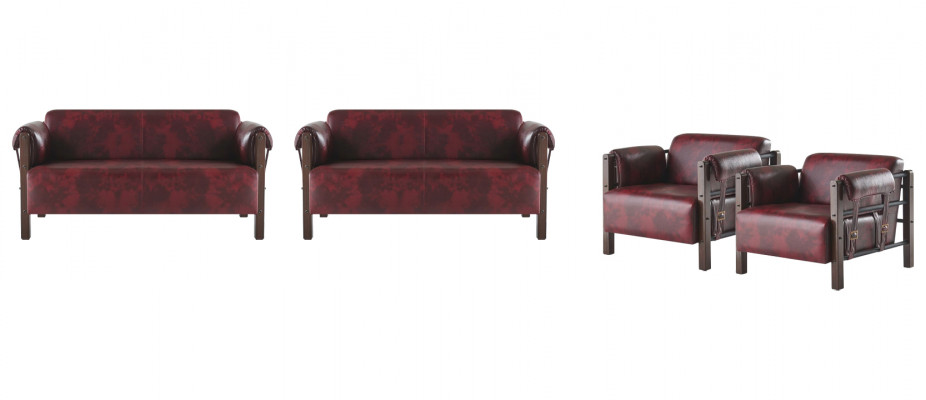 Sofas 2-Sitzer Sessel Bordeaux Modern Holz Weiche Leder Armlehnen Set