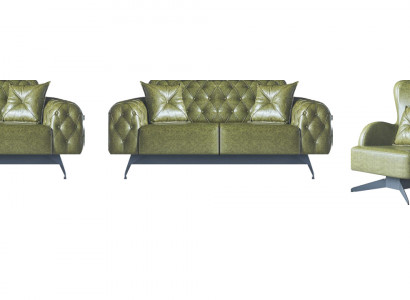 Sofa-Set Kissen Polster 2-Sitzer Leder Sessel Grün Sitzmöbel Chesterfield