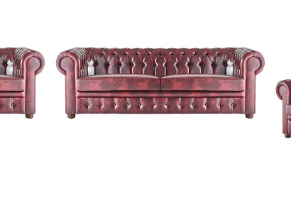 Ledersofa Set 3-Sitzer Sessel Bordeaux Chesterfield Polster Sofa Leder 4tlg