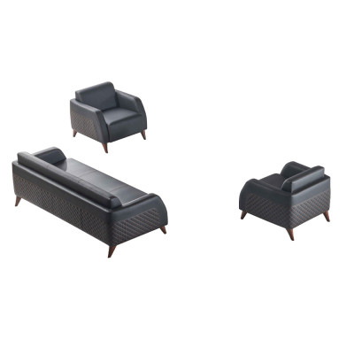 Sitzmöbel 3-Sitzer 2x Sessel Schwarz Lehnsessel Couch Set Modern Leder