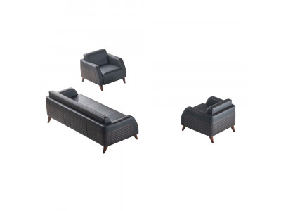 Sitzmöbel 3-Sitzer 2x Sessel Schwarz Lehnsessel Couch Set Modern Leder