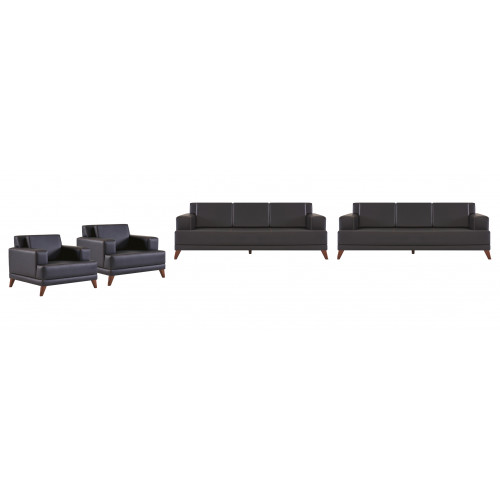 Ledersofas Komplett-Set 3-Sitzer Sessel Schwarz Polster Kissen Modern