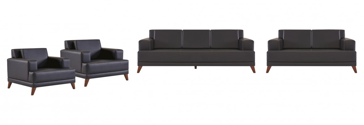 Ledersofas Set 3-Sitzer 2-Sitzer 2x Sessel Schwarz Polster Kissen Holz