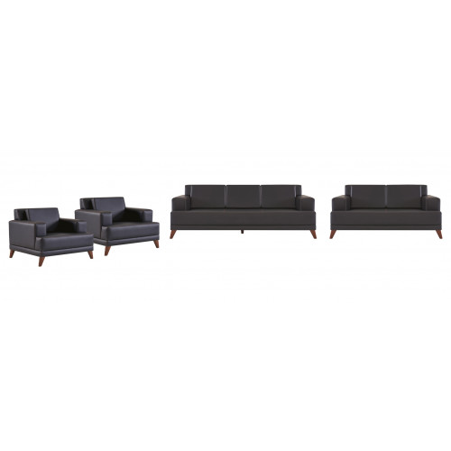 Ledersofas Set 3-Sitzer 2-Sitzer 2x Sessel Schwarz Polster Kissen Holz