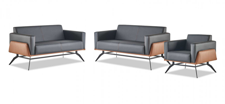 Ledersofas Set Komplett Leder Holz Schwarz Braun 2-Sitzer Sessel Modern