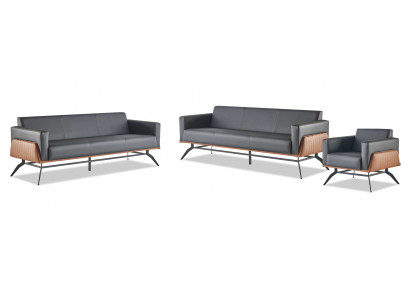 Sofa-Set Sitzmöbel Schwarz Braun 3-Sitzer Sessel Ledersofas Edelstahl Holz