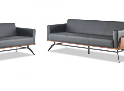 Sofa-Set Sitzmöbel Schwarz Braun 3-Sitzer Sessel Ledersofas Edelstahl Holz