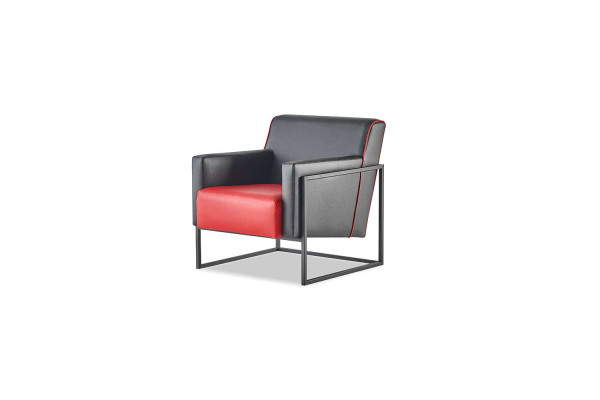 Sofa-Set 3-Sitzer Sessel Schwarz Rot Ledersofas Leder Edelstahl Holz