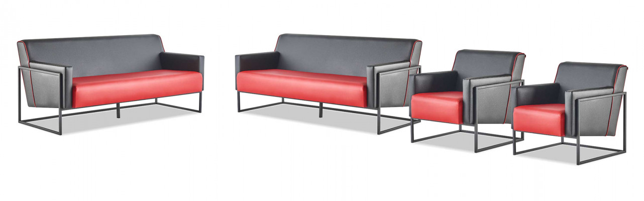 Sofa-Set 3-Sitzer Sessel Schwarz Rot Ledersofas Leder Edelstahl Holz