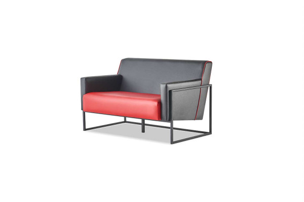 Komplett-Set 3-Sitzer Sessel Schwarz Rot Sofa-Set Leder Edelstahl Holz