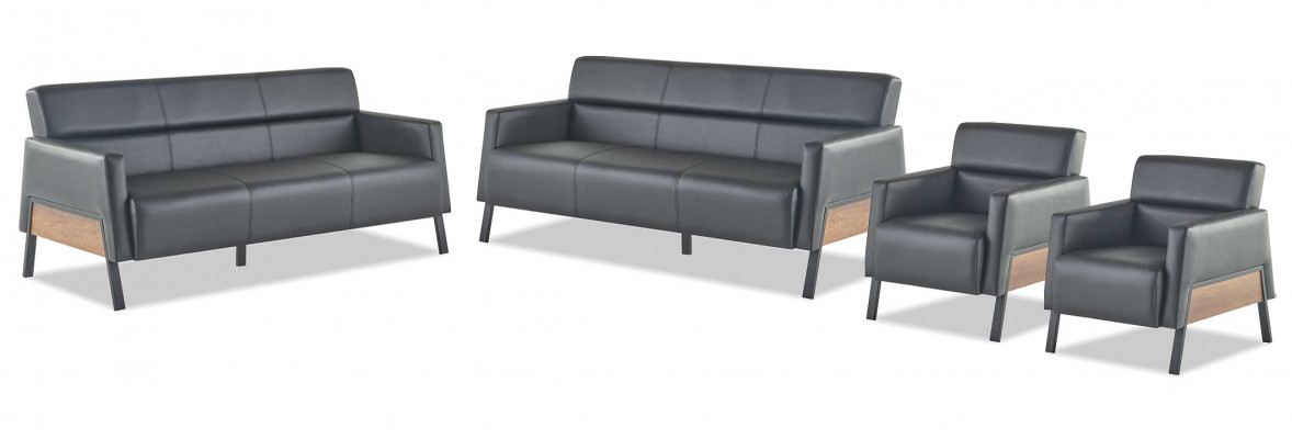 Sofa-Set 3-Sitzer 2x Sessel Schwarz Ledersofas Modern Leder Holz Weich
