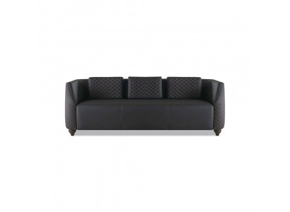 Ledersofa 3-Sitzer Schwarz Holz Modern Design Kissen Polster Leder Couch
