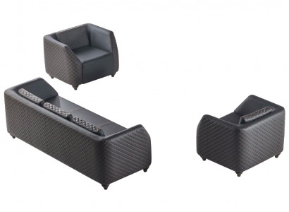 Ledersofas 3-Sitzer Sessel Schwarz Komplett Couch Modern Polster Kissen