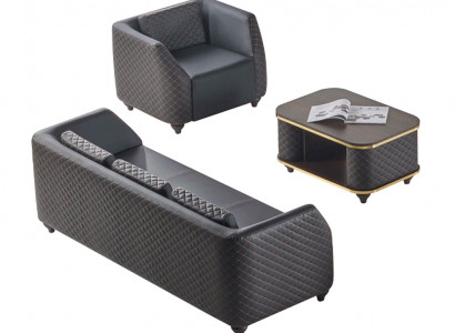 Sofa-Set 3-Sitzer Sessel Couchtisch Schwarz Braun Leder Polster Holz