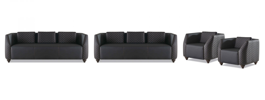 Komplett Set 3-Sitzer 2x Sessel Schwarz Polster Modern Leder Sofa-Set