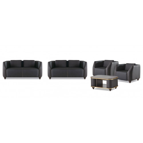 Sofa-Set 2-Sitzer Sessel Couchtisch Schwarz Braun Polster Leder Kissen