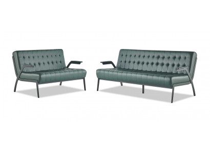 Chesterfield Leder Set 3-Sitzer 2-Sitzer Grün Ledersofas Modern Holz