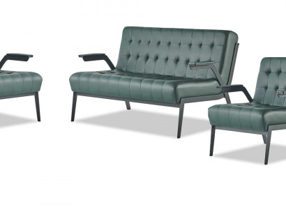 Sofa-Set Grün Einfarbig Modern Edelstahl Stil Chesterfield Leder Holz