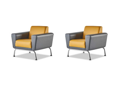 Sitzmöbel-Set Leder Lehnsessel Grau Gelb Edelstahl Sessel Modern Holz