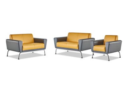 Sitzmöbel-Set Leder Ledersofas 2-Sitzer Sessel Gelb Grau Edelstahl Holz