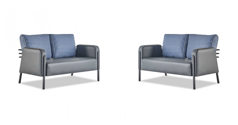 Ledersofa-Set Grau Blau Kissen 2-Sitzer Sofas Modern Polster Textil