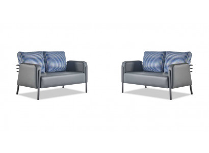 Ledersofa-Set Grau Blau Kissen 2-Sitzer Sofas Modern Polster Textil