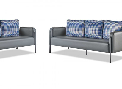 Sofa-Set Grau Blau Ledersofa 3-Sitzer Sessel Modern 1-Sitzer Leder Textil