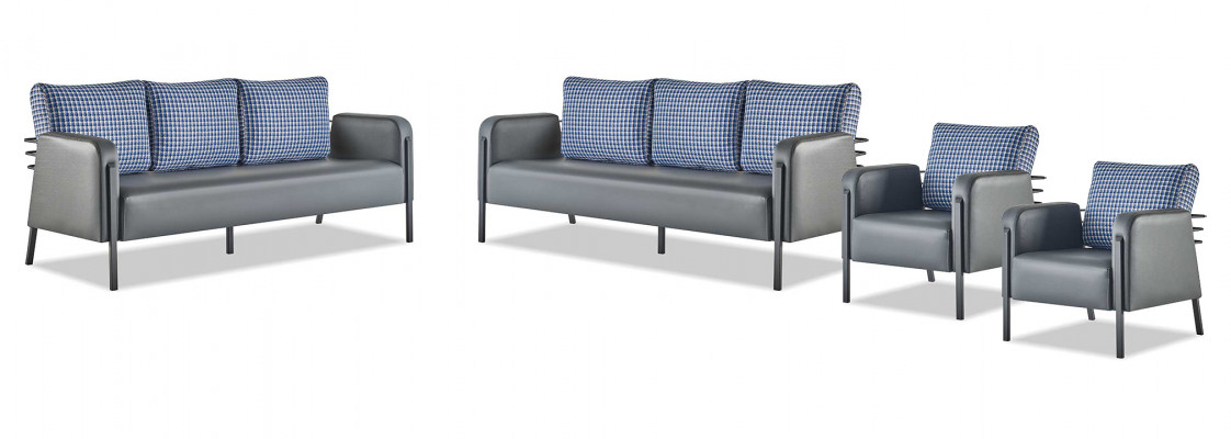 Sofas Polster Edelstahl Ledersofa-Set 3-Sitzer Sessel Grau Blau Textil